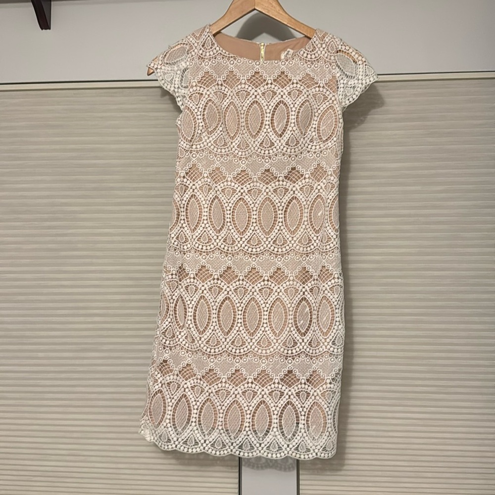 Eliza J white lace short sleeve dress with tan lining!